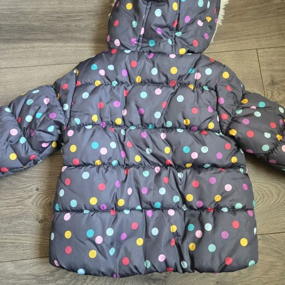 Carters Girls 3T Multicolor Polka Dot Puffer Coat Grey Faux Fur Hooded Jacket